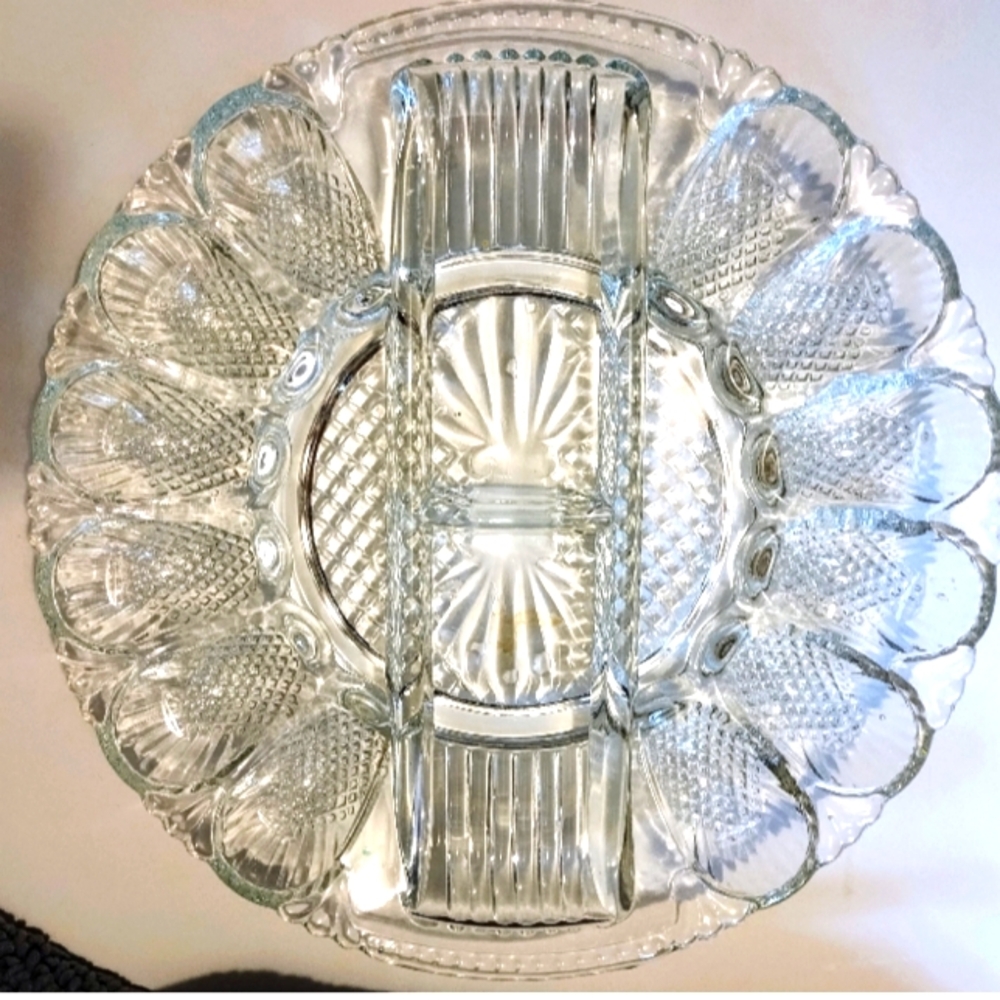 LE Smith "Heritage" Deviled Egg & Relish Plate, 11" Clear Glass